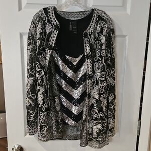 Bisou Bisou Elegant Black Sequinned Ribbed Top With Sheer Jacket